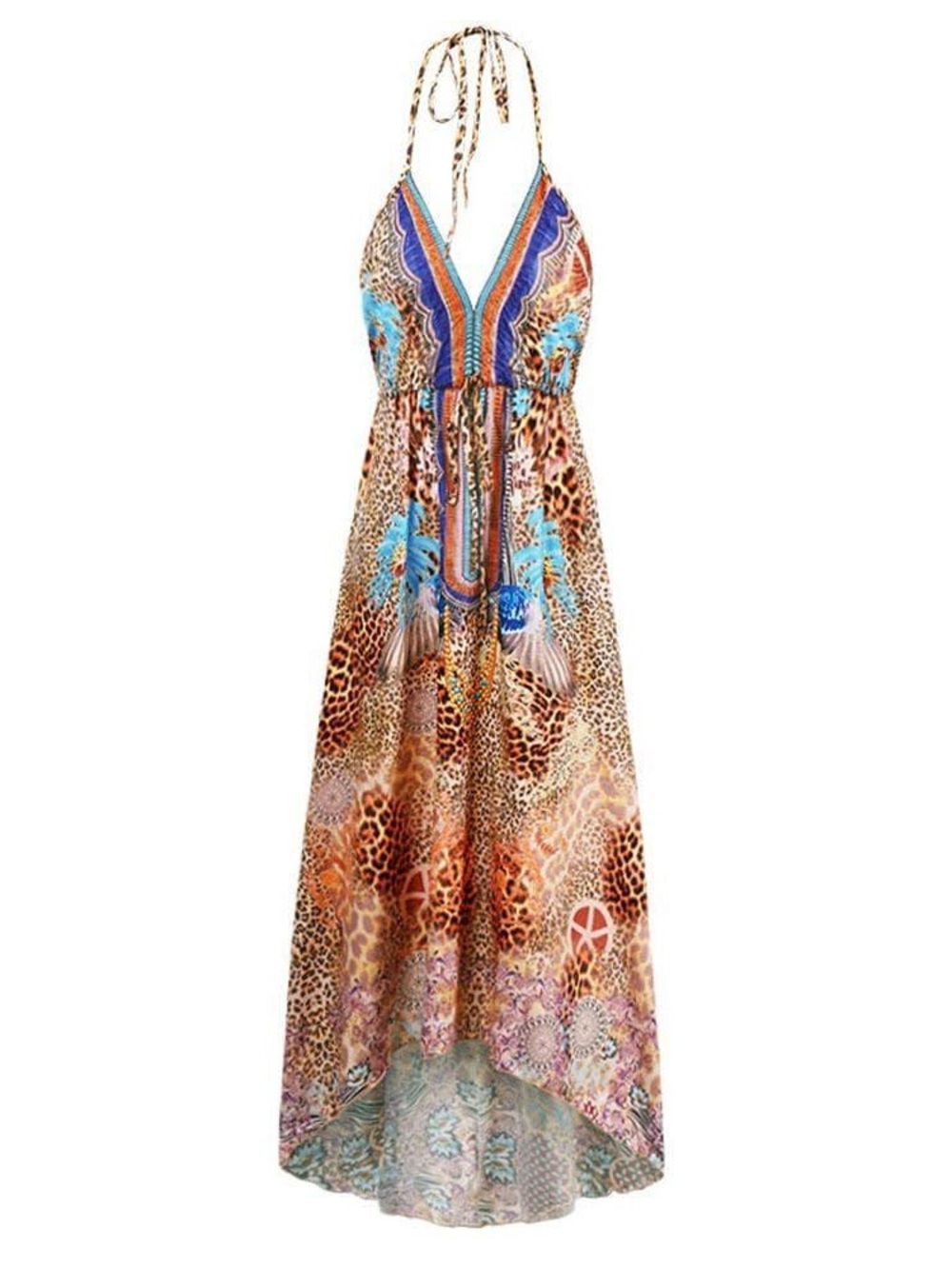 Bohemian Leopard Print Halter Maxi Dress in Brown & Turquoise